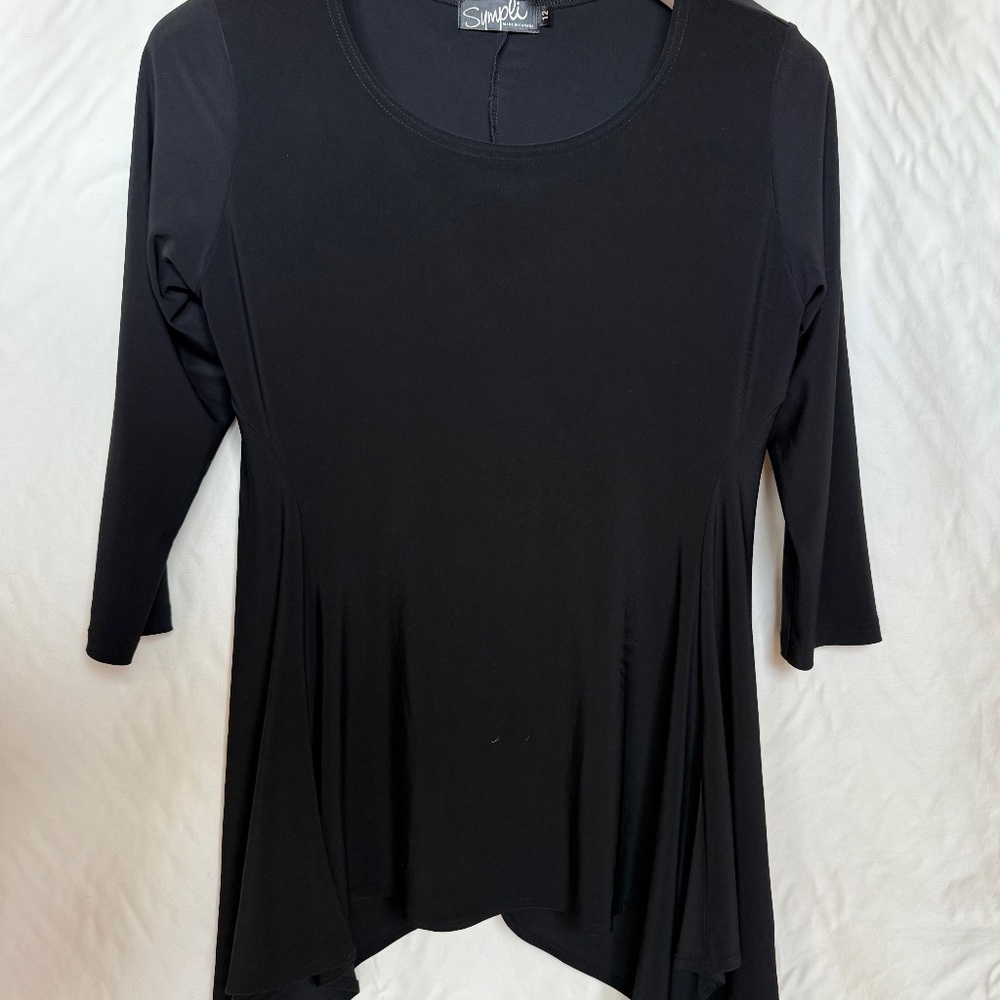 Sympli Black Top Draped Elbow Length Sleeves Asymmetrical Hem W Size 12